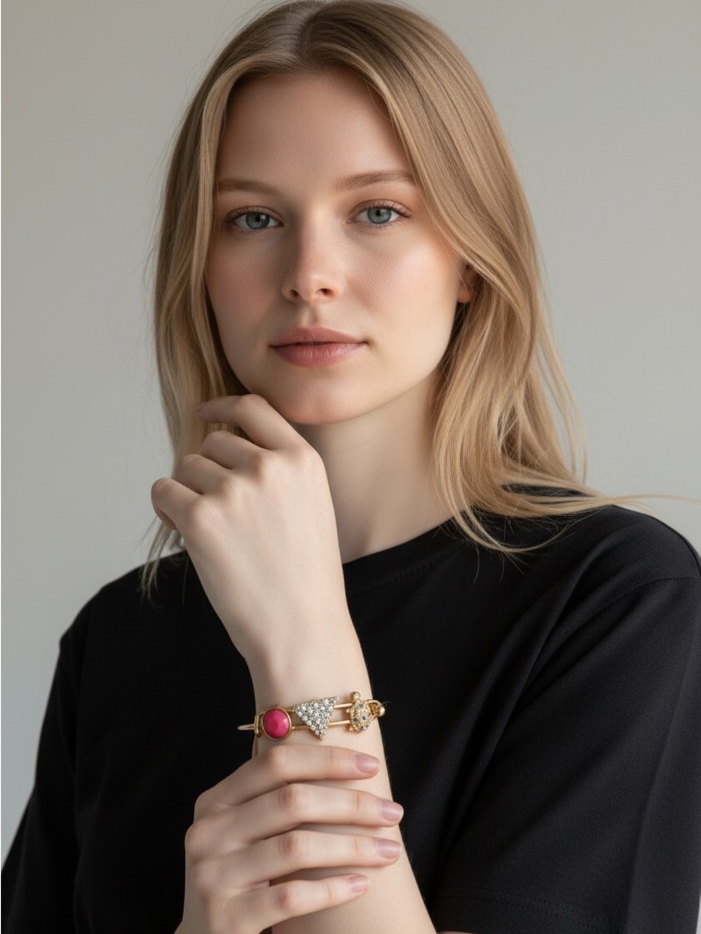 9/16 Gold Bracelet with Pink Gem and Crystal Accents